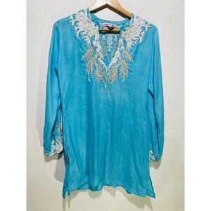 Jeannie Mcqueeny linen tunic embroidery top pearl blue summer vacation women S